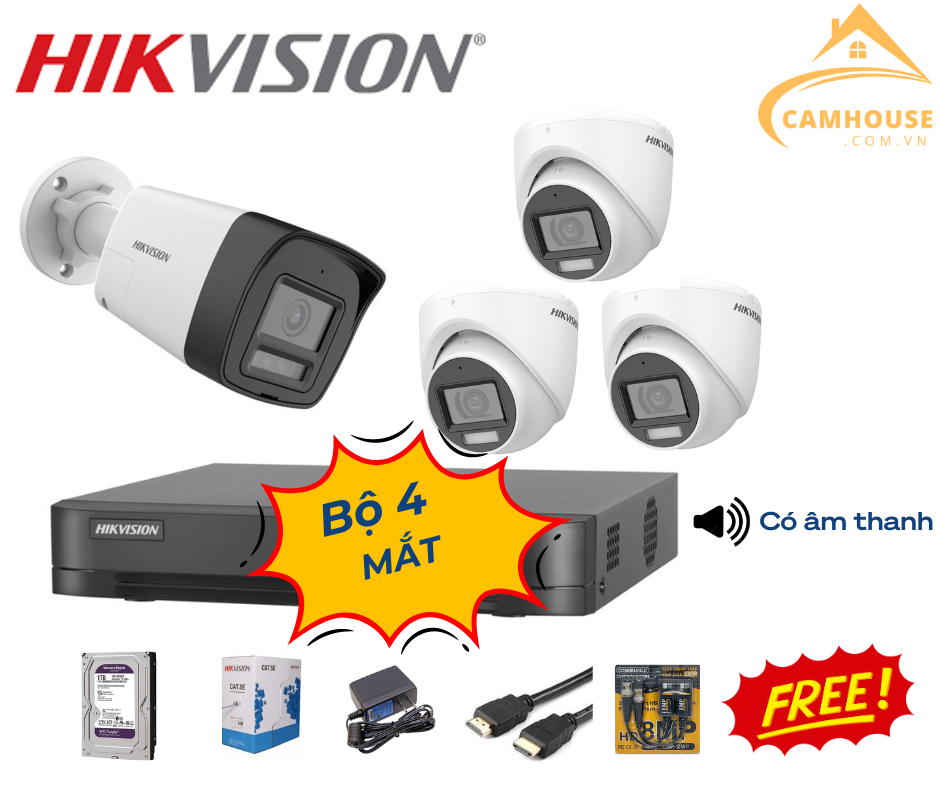 Bộ 4 Mắt Camera analog HIKVISION 2.0mp – Thu Tiếng