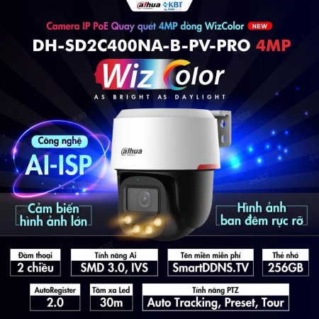 Camera IP PT 4MP DAHUA DH-SD2C400NA-B-PV-PRO (Màu Ban Đêm Như Ngày)
